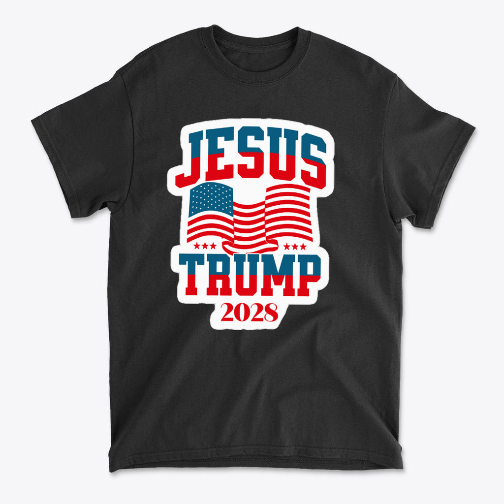 Jesus Trump 2028 USA Patriotic Style black t-shirt with American flags and bold lettering.