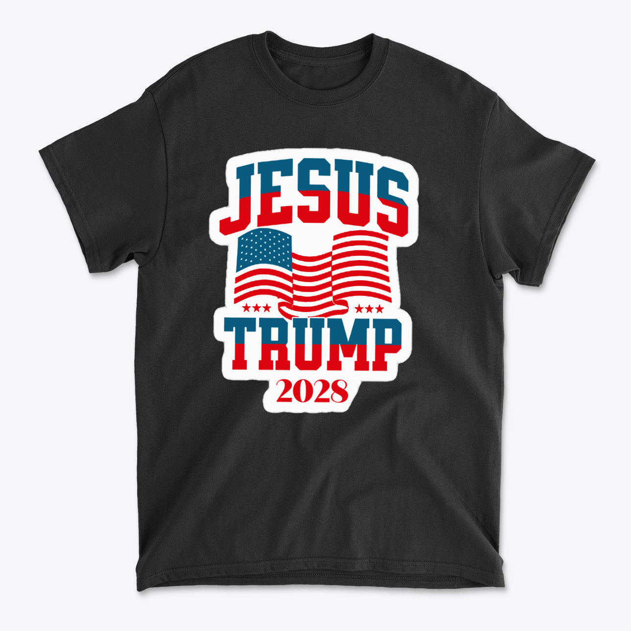 Jesus Trump 2028 USA Patriotic Style black t-shirt with American flags and bold lettering.