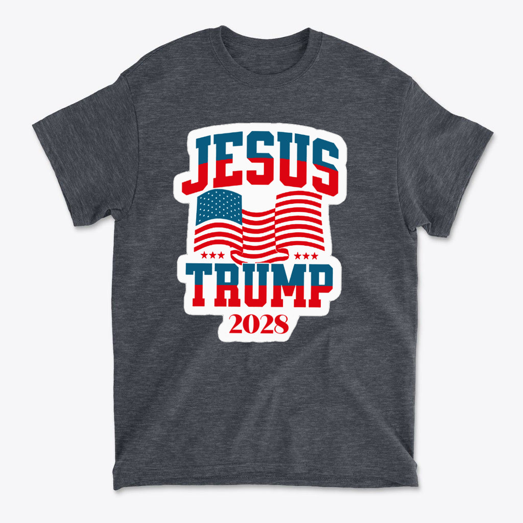 Jesus Trump 2028 USA Patriotic Style graphic t-shirt featuring patriotic design with flags and bold text.
