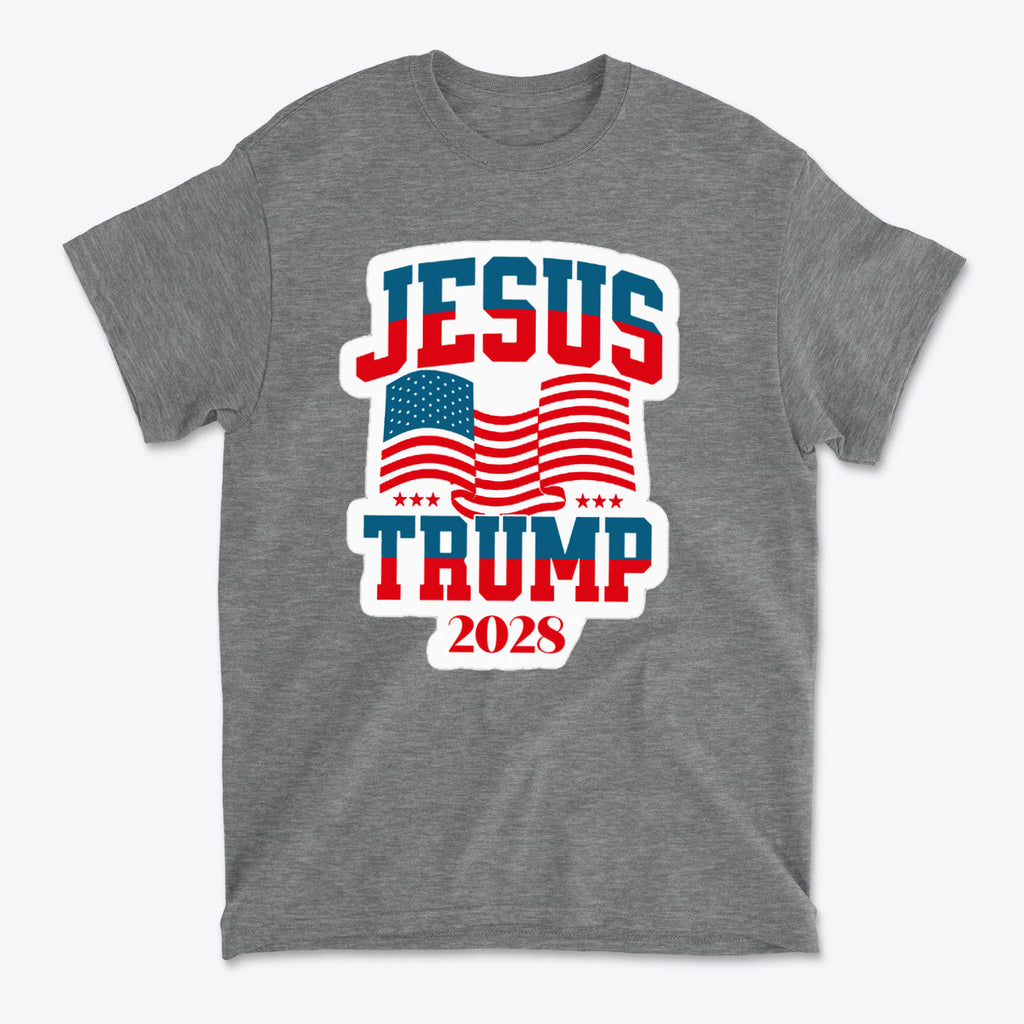 Jesus Trump 2028 USA Patriotic Style t-shirt featuring flags and bold text on a gray background.