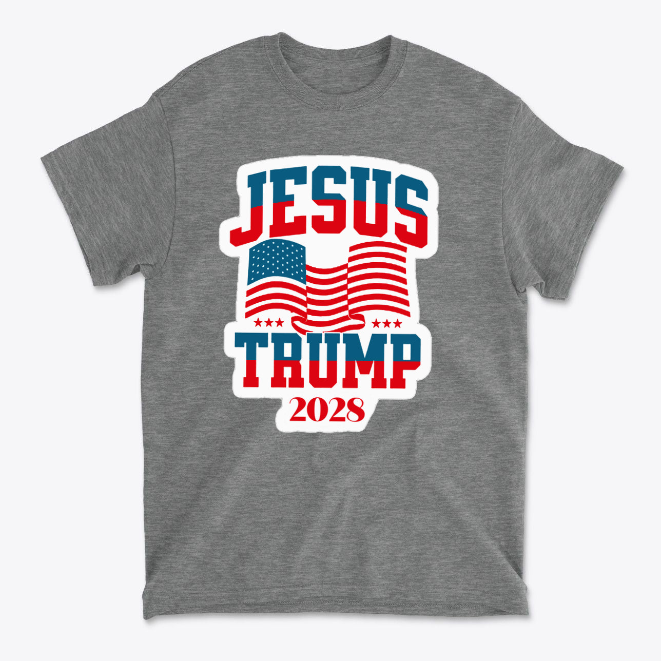 Jesus Trump 2028 USA Patriotic Style t-shirt featuring flags and bold text on a gray background.