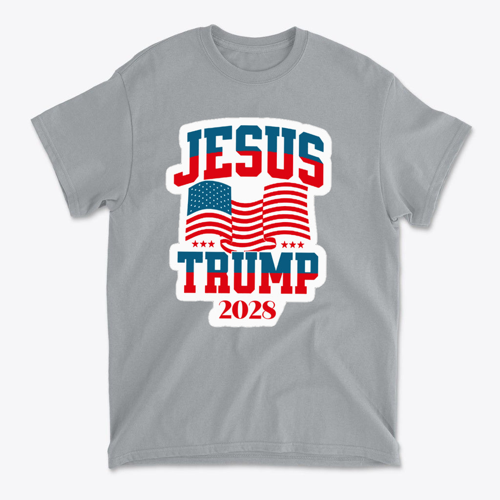 Jesus Trump 2028 USA Patriotic Style graphic t-shirt featuring red, white, and blue design with flags.