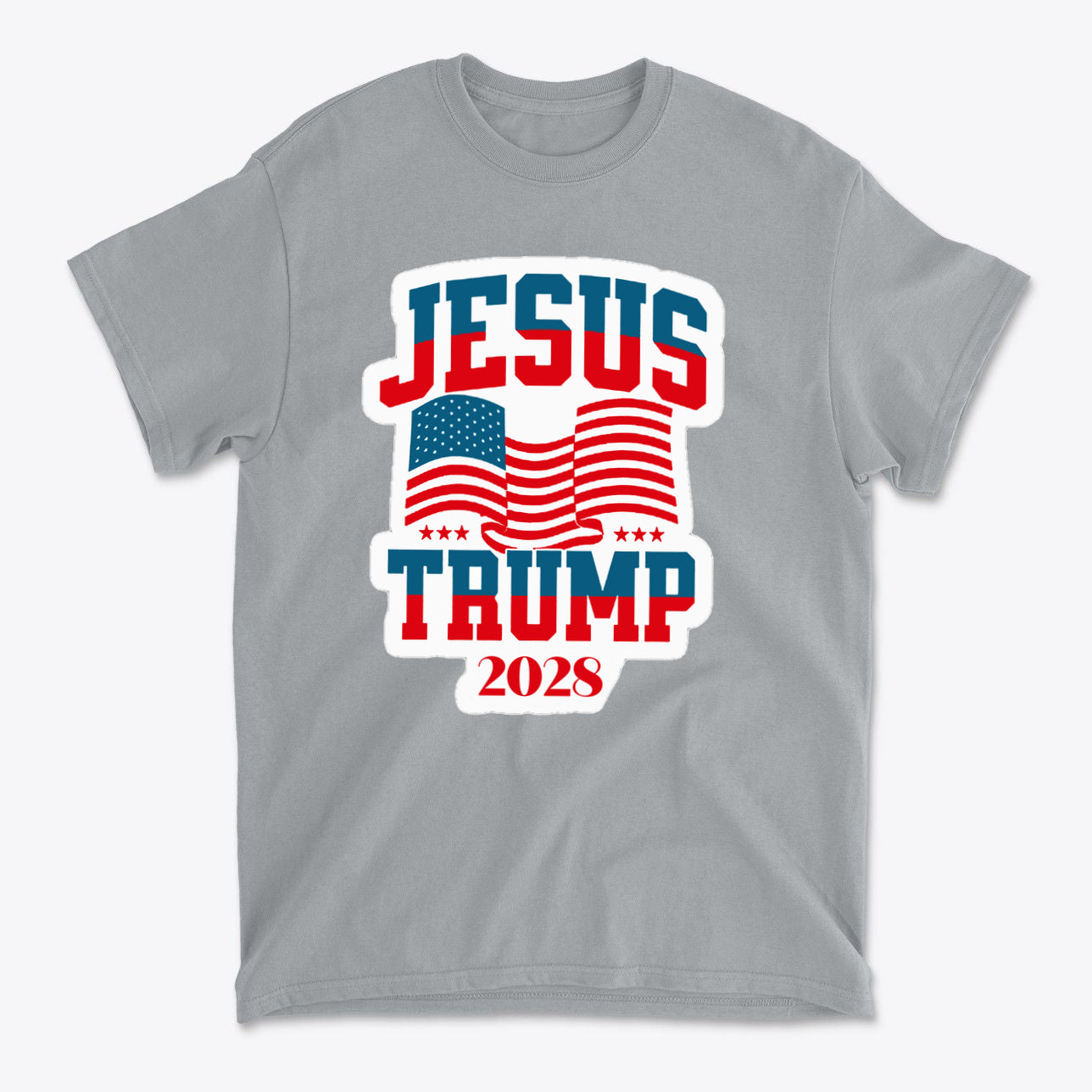 Jesus Trump 2028 USA Patriotic Style graphic t-shirt featuring red, white, and blue design with flags.