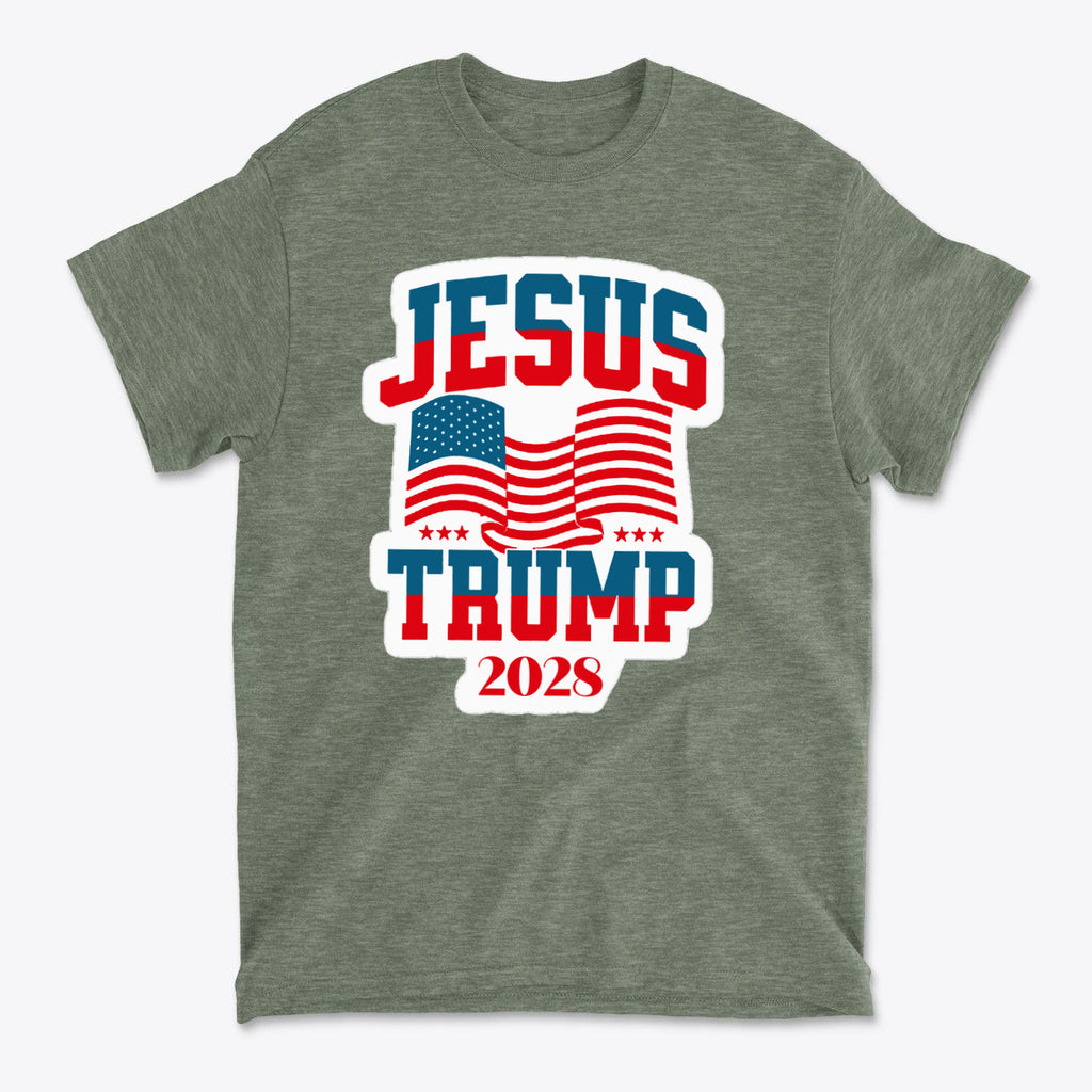 Jesus Trump 2028 USA Patriotic Style t-shirt featuring American flags and bold text design.