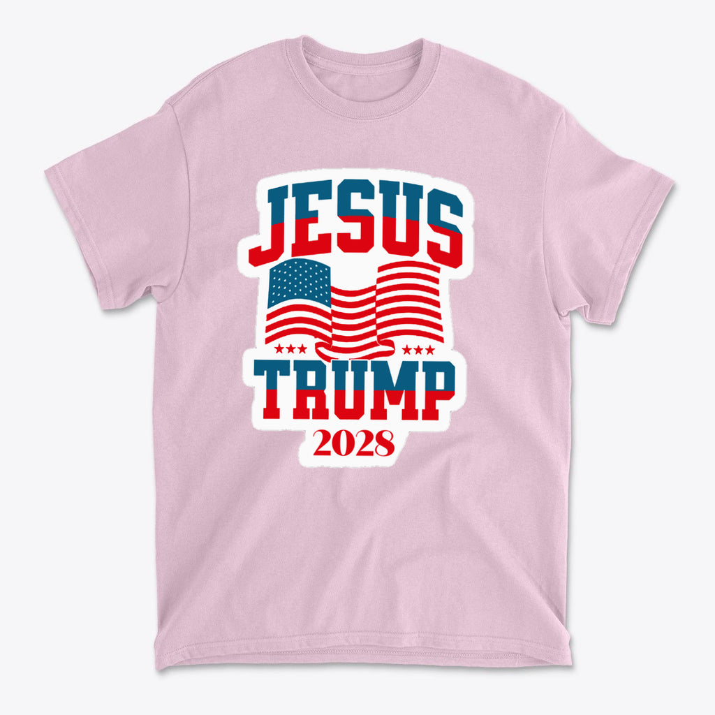 Jesus Trump 2028 USA Patriotic Style t-shirt featuring American flags in bold colors.