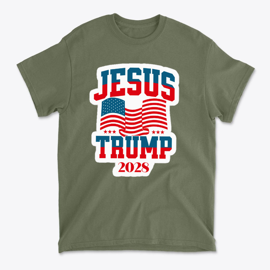 Jesus Trump 2028 USA Patriotic Style green t-shirt featuring American flag design and bold graphics.