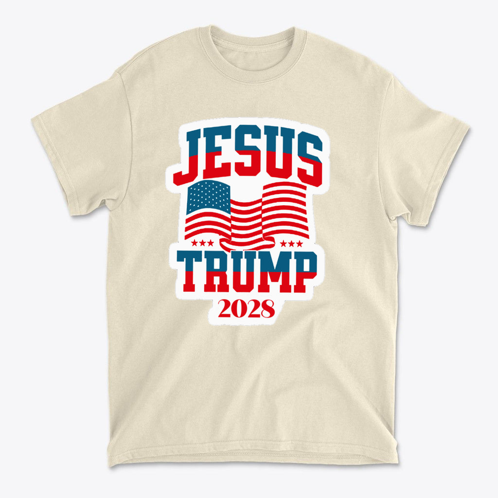 Jesus Trump 2028 USA Patriotic Style t-shirt featuring American flags and bold text design.