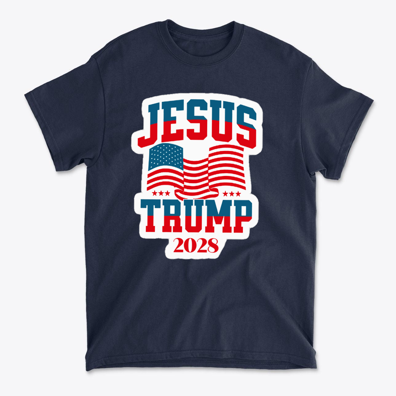 Jesus Trump 2028 USA Patriotic Style t-shirt featuring bold graphics and American flag design.