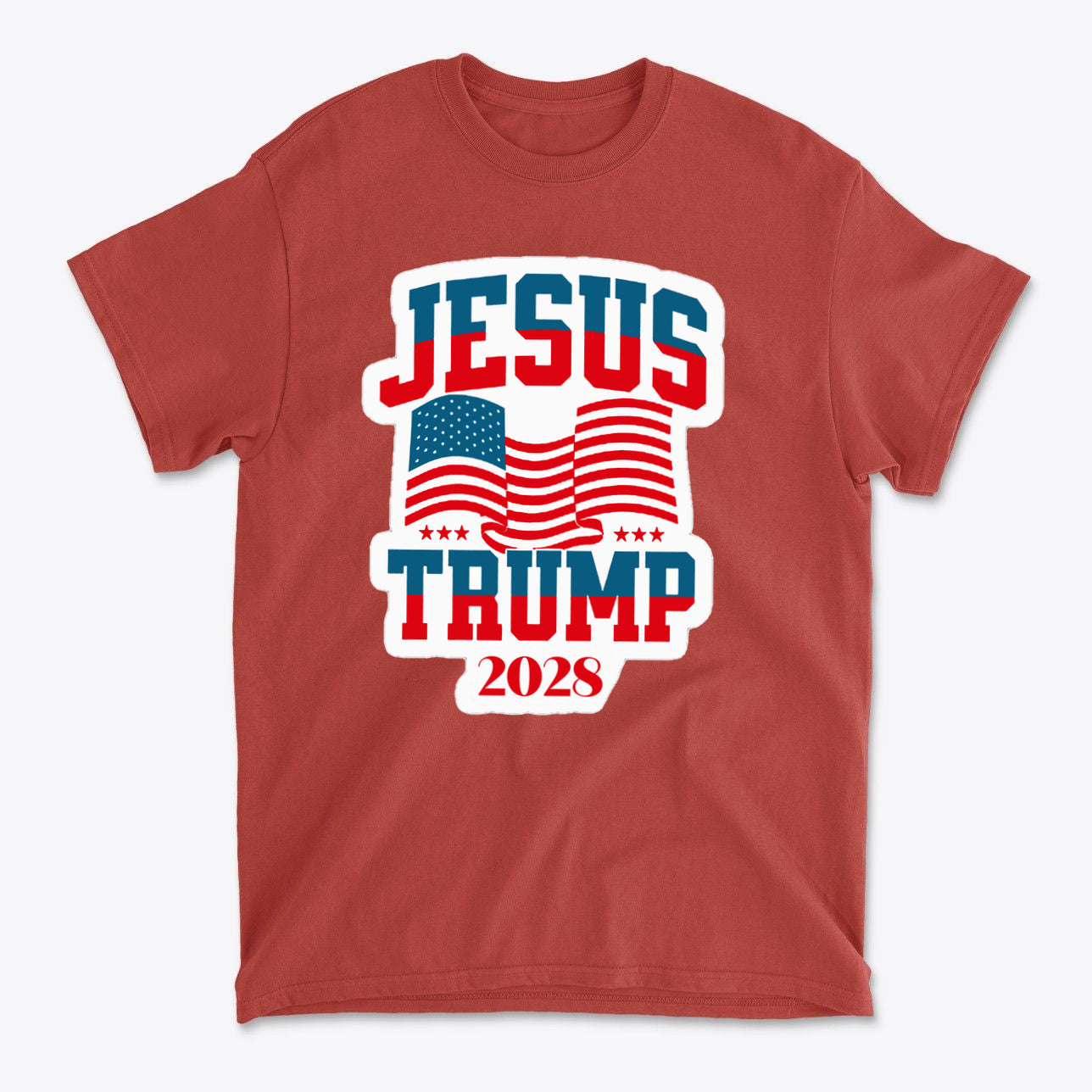 Jesus Trump 2028 USA Patriotic Style t-shirt featuring bold graphics and American flags.