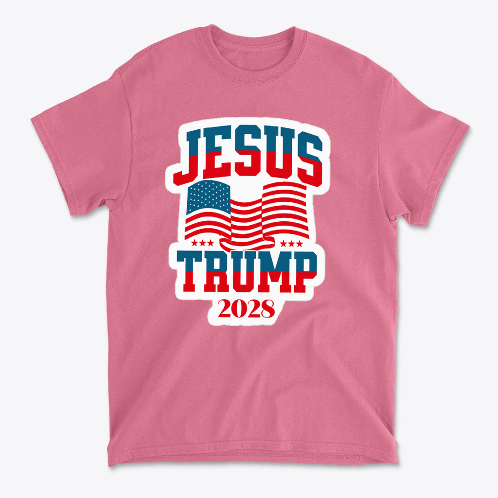 Jesus Trump 2028 USA Patriotic Style t-shirt design featuring bold colors and American flags.