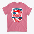 Jesus Trump 2028 USA Patriotic Style t-shirt design featuring bold colors and American flags.