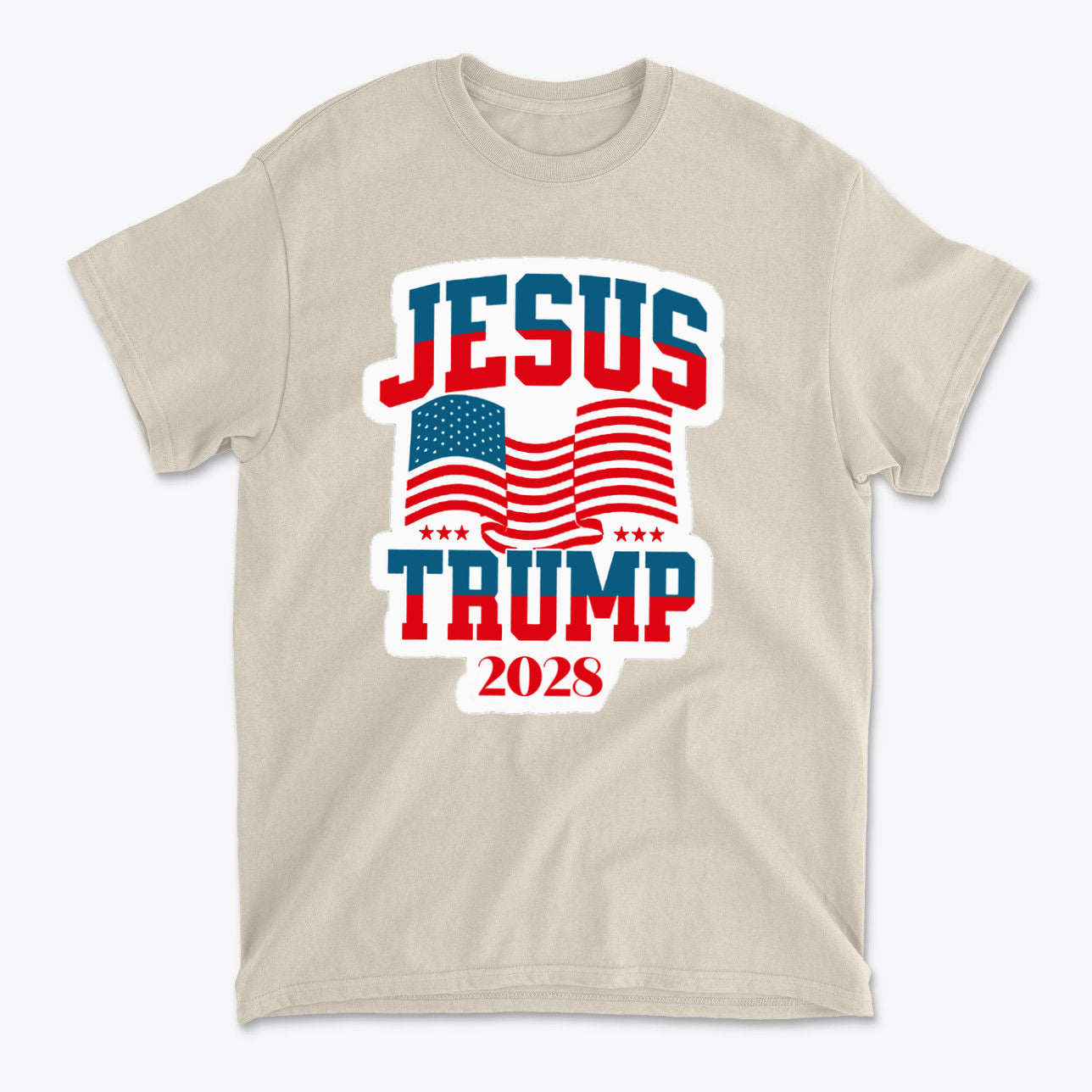 Jesus Trump 2028 USA Patriotic Style t-shirt featuring bold red and blue colors and American flags.