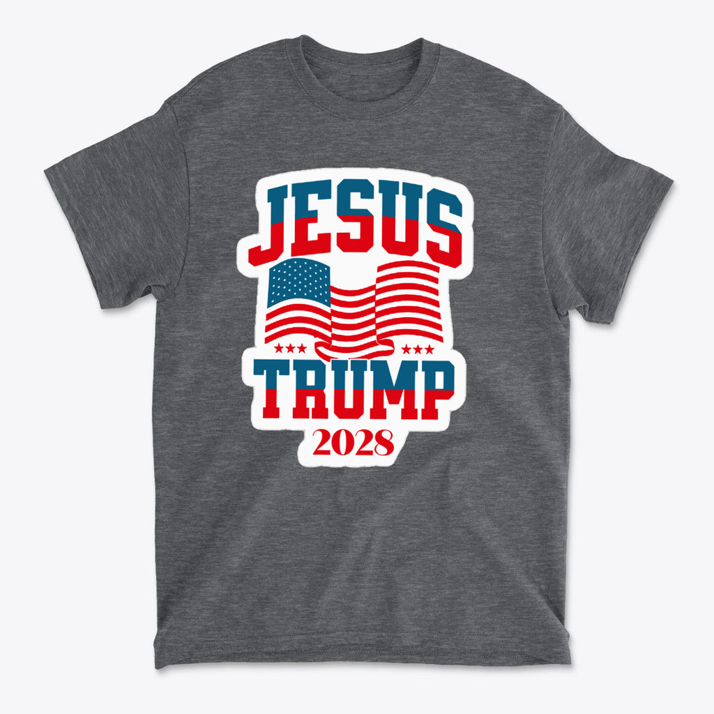 Jesus Trump 2028 USA Patriotic Style graphic t-shirt featuring American flags and bold text design.