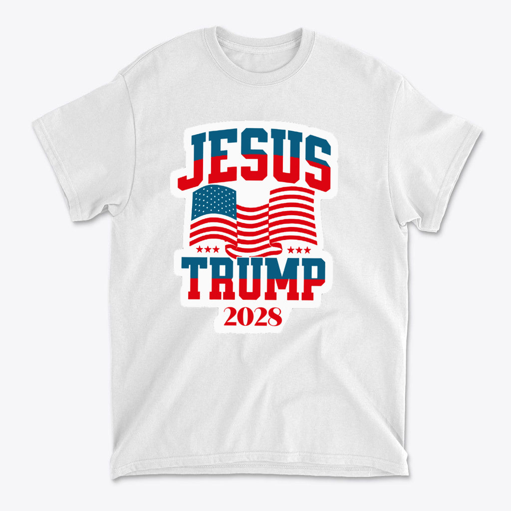 Jesus Trump 2028 USA Patriotic Style white t-shirt featuring American flags and bold text design.