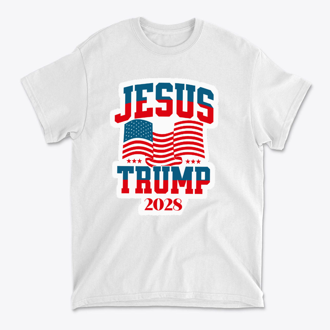 Jesus Trump 2028 USA Patriotic Style white t-shirt featuring American flags and bold text design.