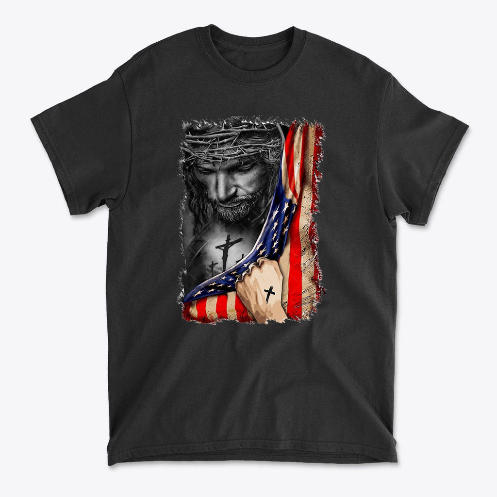 Jesus in American Flag Faith Shirt showcasing a powerful image of Jesus holding the American flag with a crown of thorns.