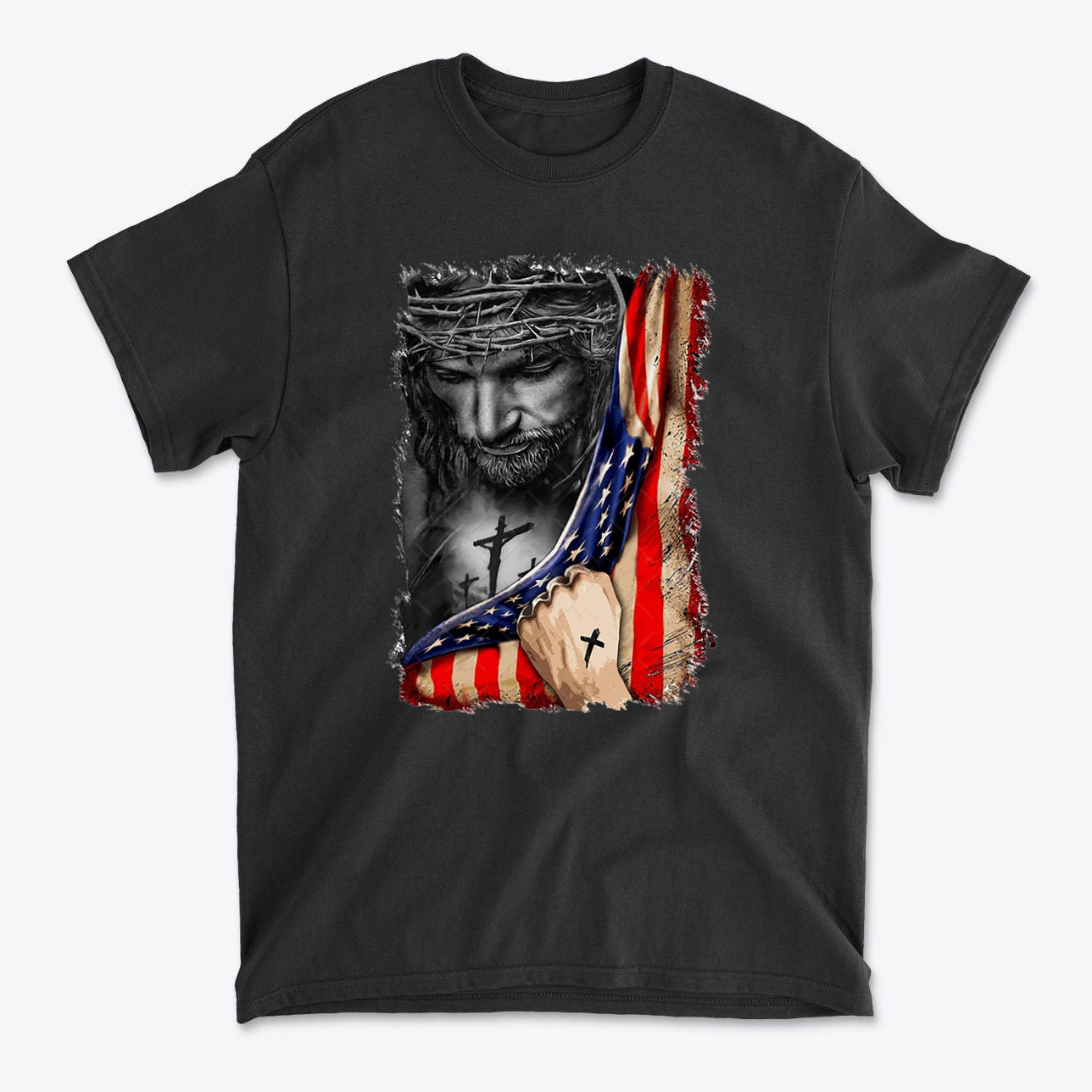 Jesus in American Flag Faith Shirt showcasing a powerful image of Jesus holding the American flag with a crown of thorns.