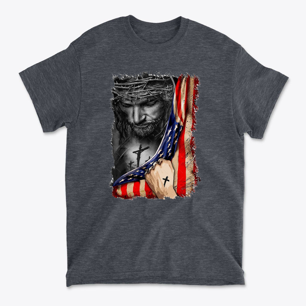 Jesus in American Flag Faith Shirt featuring a depiction of Jesus holding an American flag.