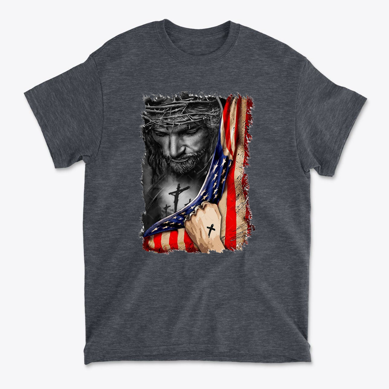 Jesus in American Flag Faith Shirt featuring a depiction of Jesus holding an American flag.