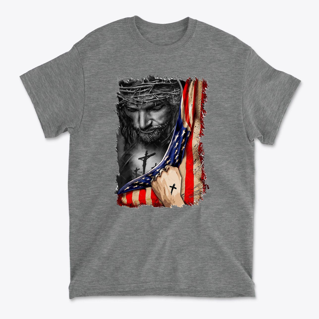 Jesus in American Flag Faith Shirt featuring a graphic of Jesus holding the American flag with a distressed look.