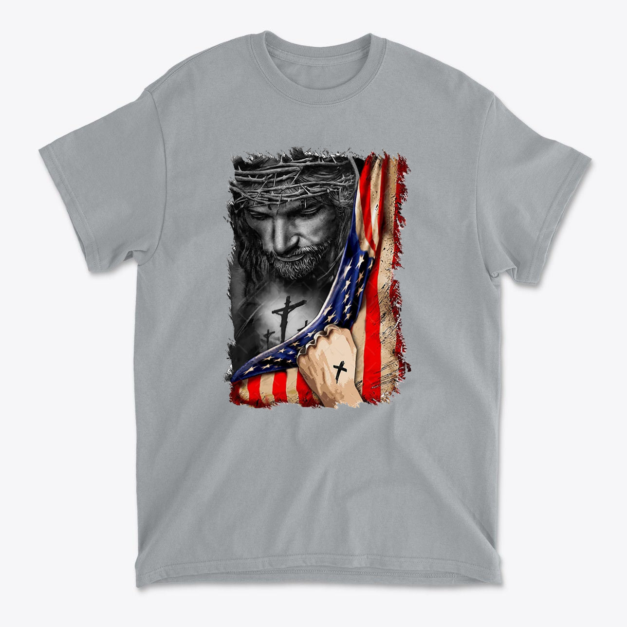 Jesus in American Flag Faith Shirt featuring a powerful image of Jesus with the American flag.