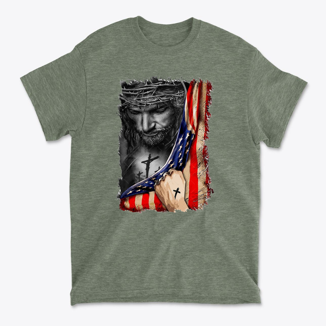 Jesus in American Flag Faith Shirt featuring an image of Jesus alongside the American flag design.