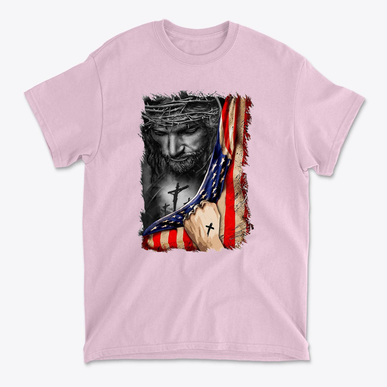 Jesus in American Flag Faith Shirt featuring a striking image of Jesus holding the American flag.