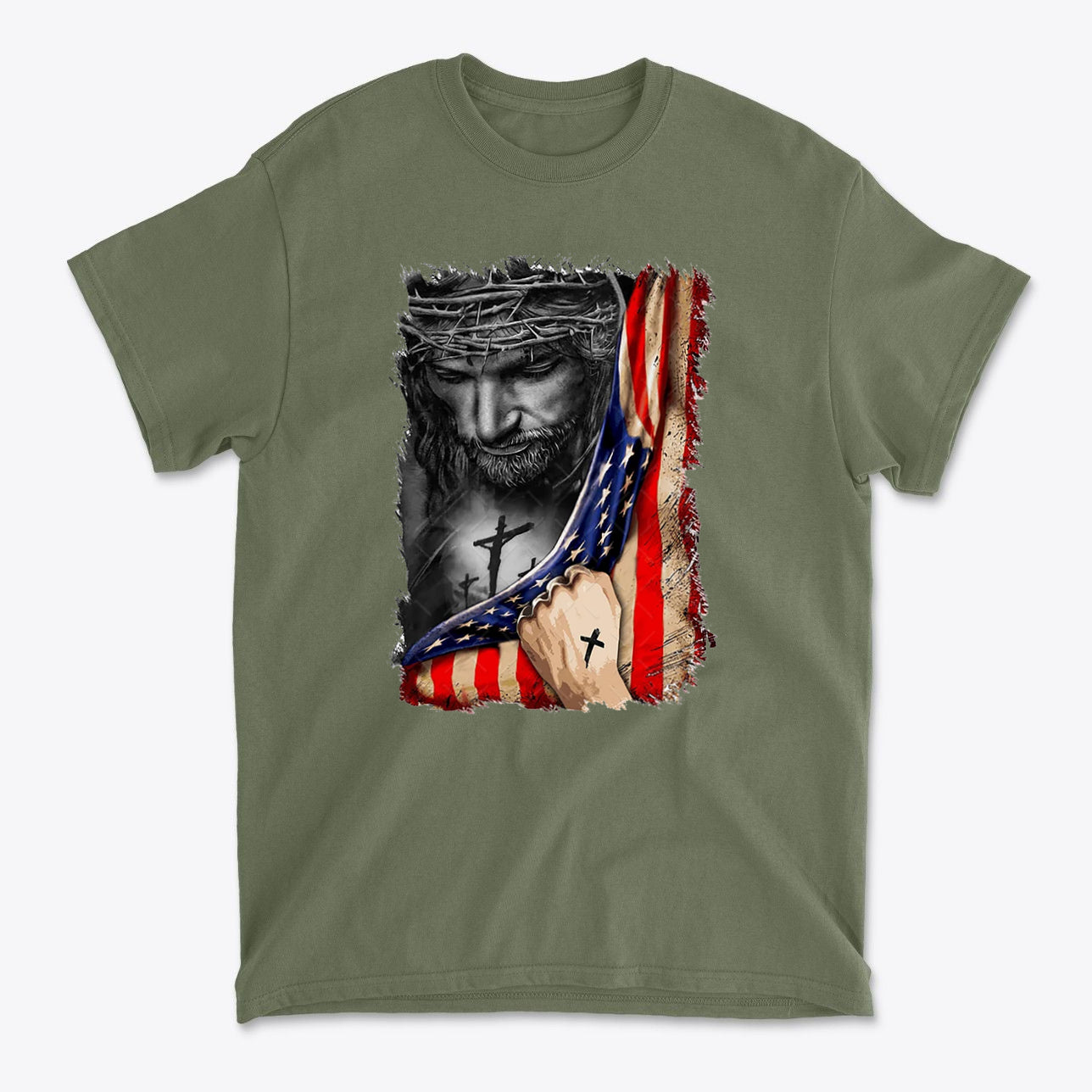 Jesus in American Flag Faith Shirt featuring a portrait with the American flag and crosses.
