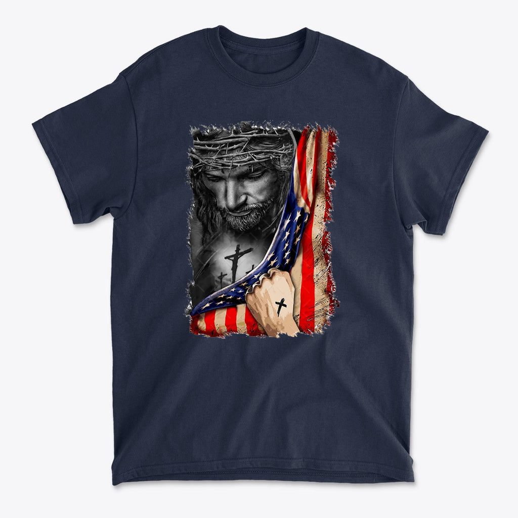 Jesus in American Flag Faith Shirt featuring Jesus with an American flag background and symbolic cross elements.