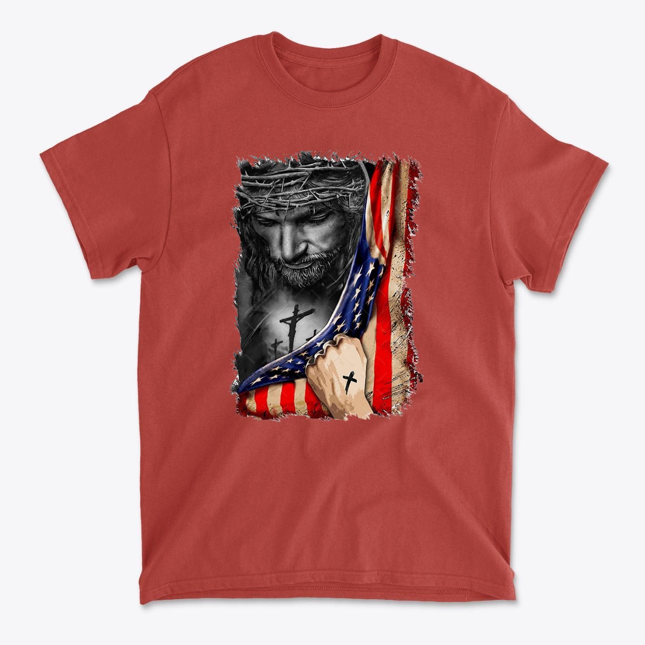 Jesus in American Flag Faith Shirt featuring Jesus holding the American flag with crosses, symbolizing faith and patriotism.