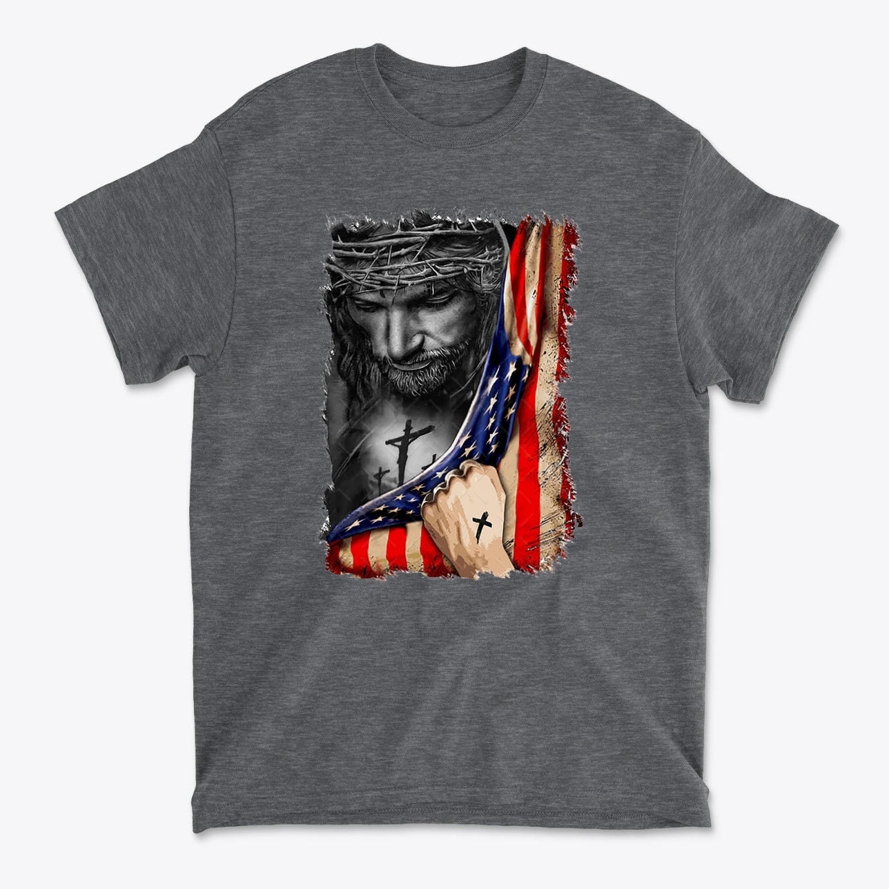 Jesus in American Flag Faith Shirt featuring a graphic of Jesus holding an American flag with intricate details.