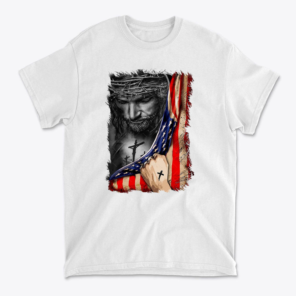 Jesus in American Flag Faith Shirt showcasing a design of Jesus with an American flag, symbolizing faith and patriotism.