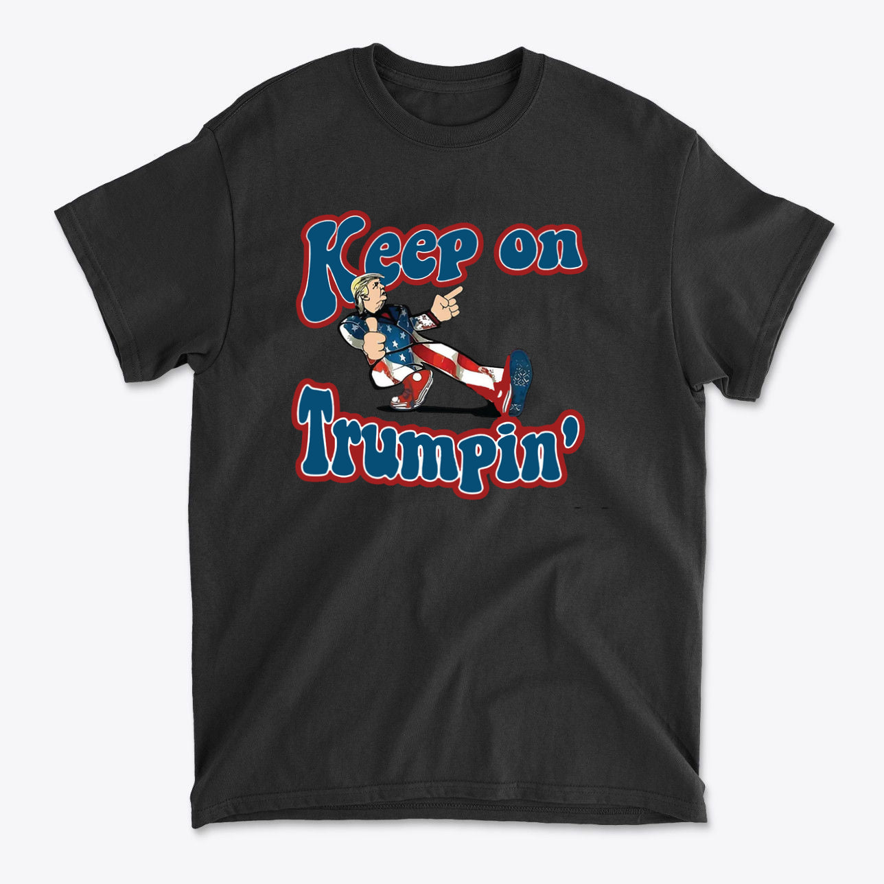 Keep On Trumpin' Vintage Design t-shirt featuring bold typography and a retro character illustration.