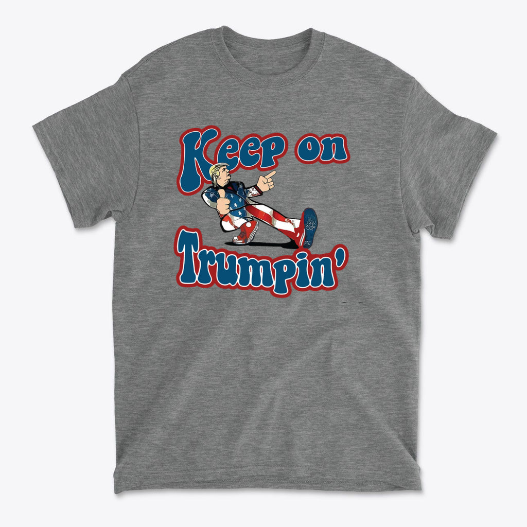 Keep On Trumpin' Vintage Design t-shirt featuring retro typography and a patriotic character design.