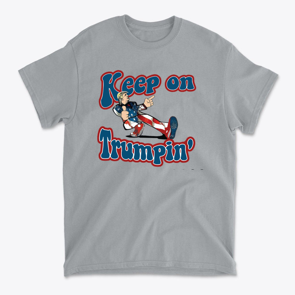 Keep On Trumpin' Vintage Design t-shirt featuring retro graphics and bold typography in a gray color.