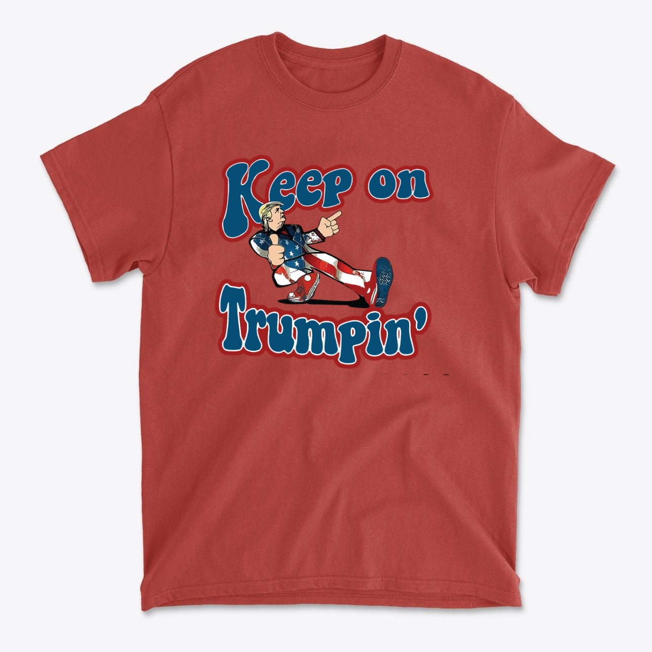 Keep On Trumpin' Vintage Design red t-shirt featuring retro typography and a fun cartoon character.