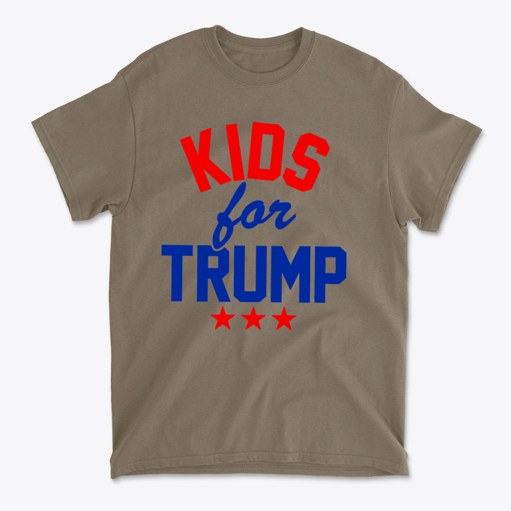 Kids for Trump USA Pride Shirt featuring bold red and blue text on a tan background, celebrating patriotism for kids.