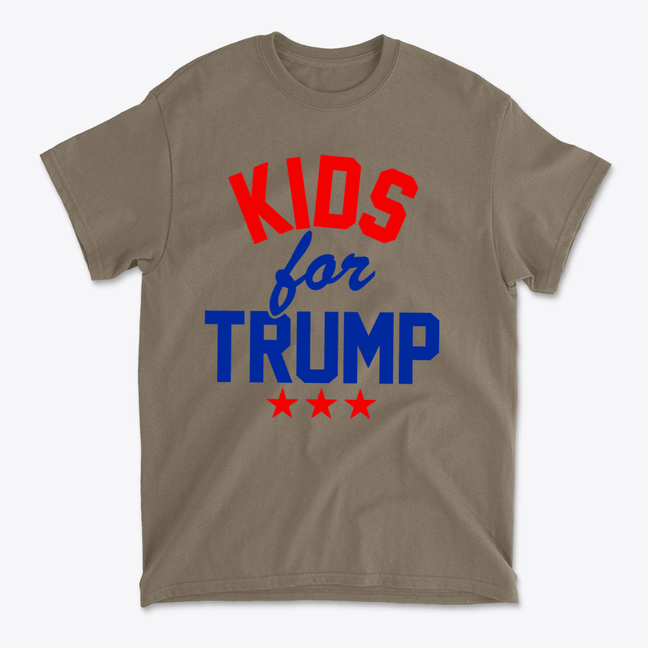 Kids for Trump USA Pride Shirt featuring bold red and blue text on a tan background, celebrating patriotism for kids.