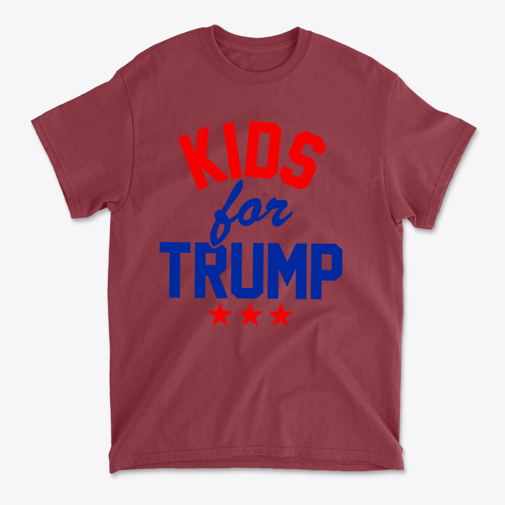 Kids for Trump USA Pride Shirt featuring bold red and blue text on a maroon background.
