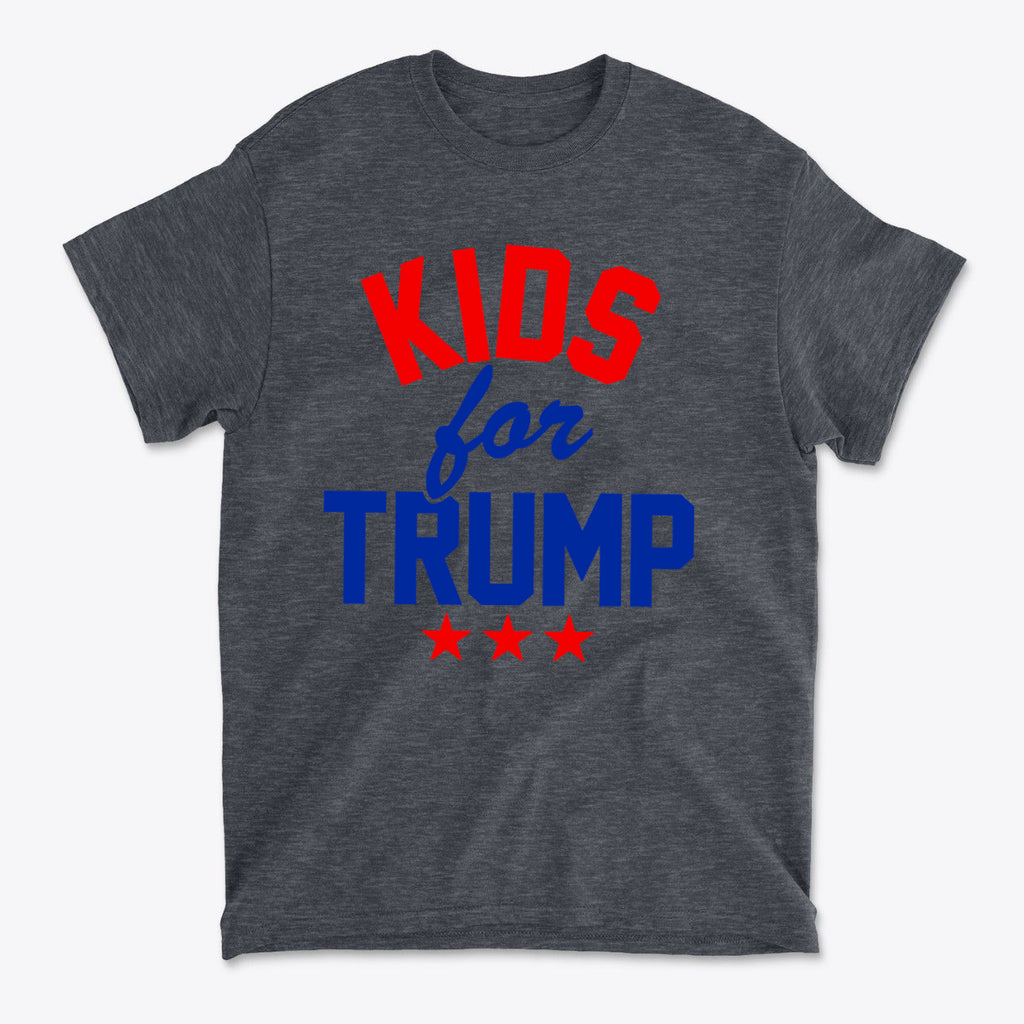 Kids for Trump USA Pride Shirt design featuring bold red and blue text on a dark gray tee.