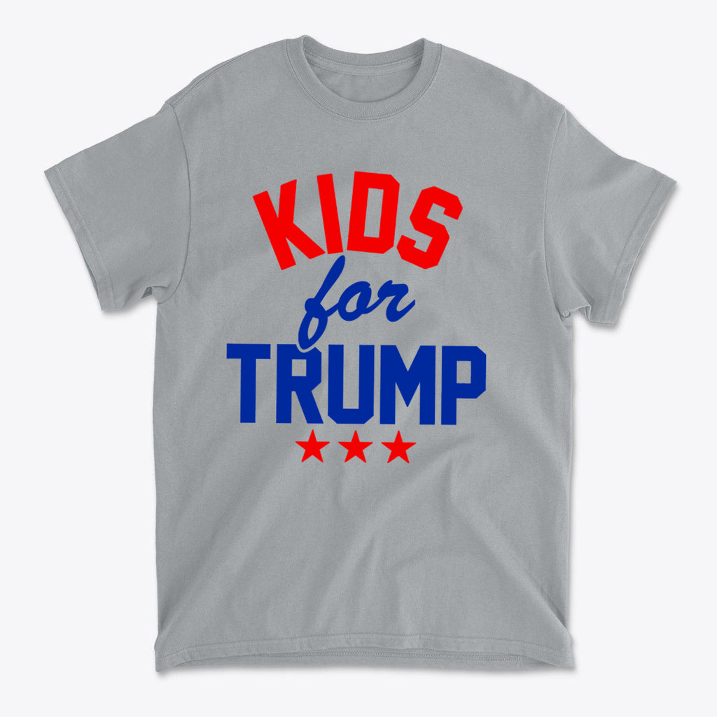 Kids for Trump USA Pride Shirt featuring bold red and blue lettering on a gray t-shirt.