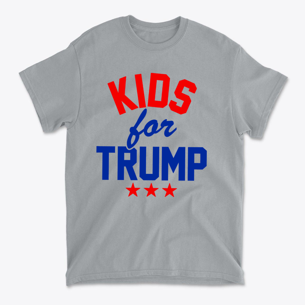 Kids for Trump USA Pride Shirt featuring bold red and blue lettering on a gray t-shirt.