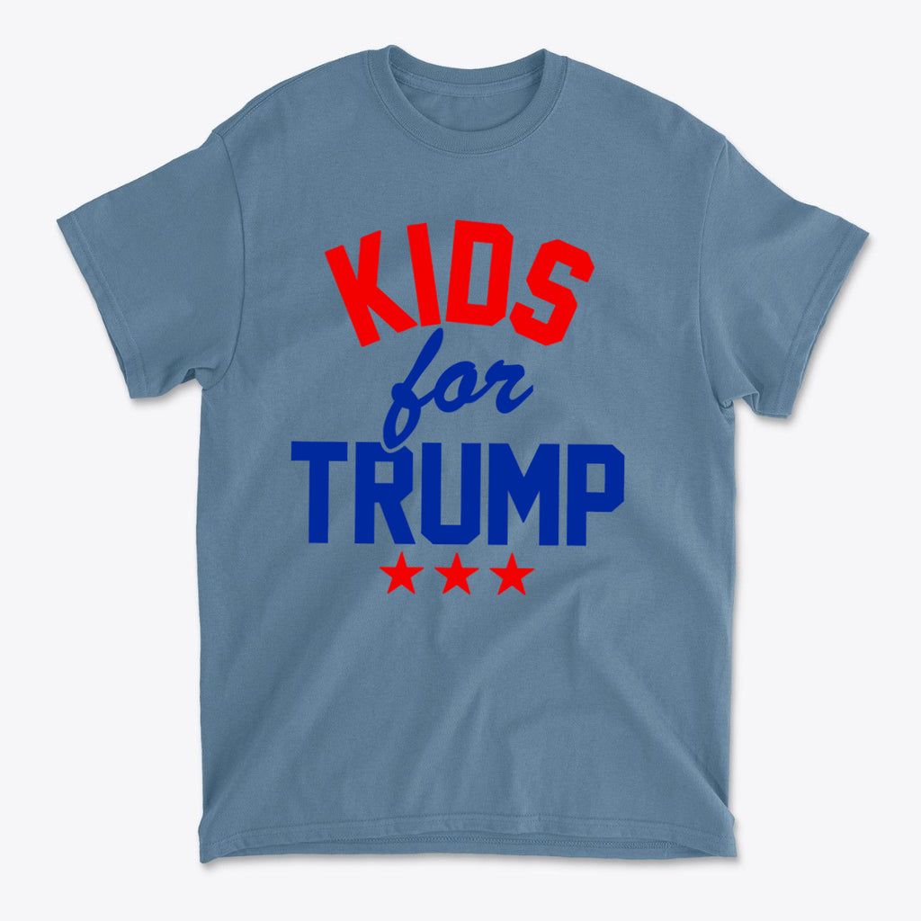 Kids for Trump USA Pride Shirt featuring bold red and blue text on a gray t-shirt, perfect for young patriots.
