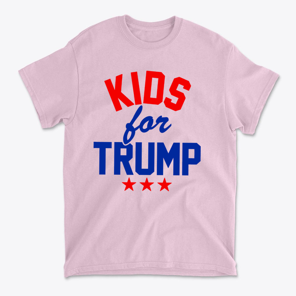 Kids for Trump USA Pride Shirt design featuring bold red and blue typography on a pink background.