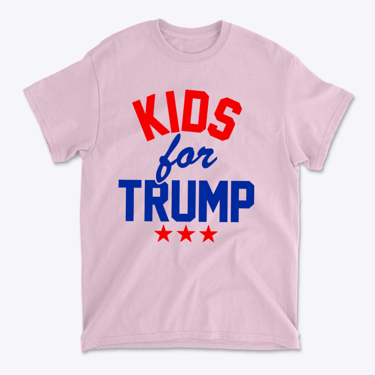 Kids for Trump USA Pride Shirt design featuring bold red and blue typography on a pink background.