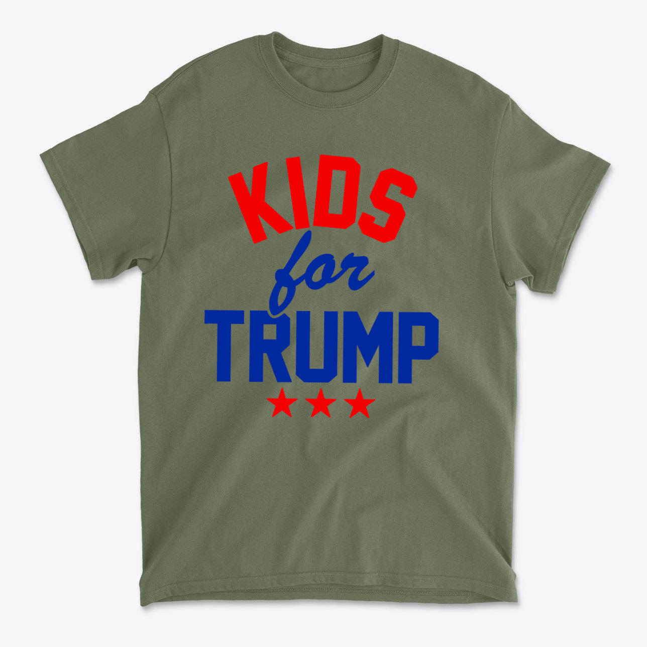 Kids for Trump USA Pride Shirt featuring bold red and blue typography on an olive green background.