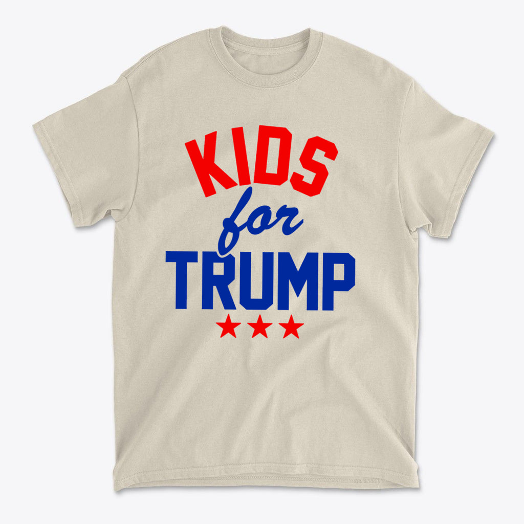 Kids for Trump USA Pride Shirt design featuring bold red and blue text on a light shirt background.