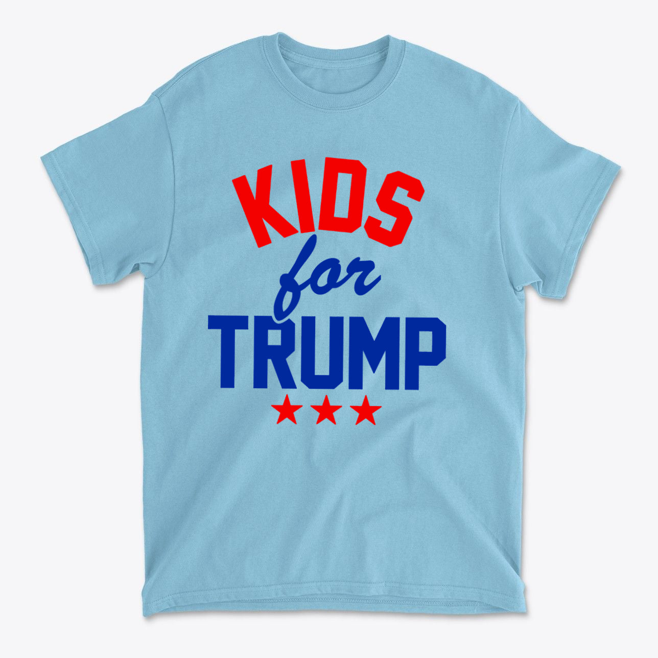Kids for Trump USA Pride Shirt featuring bold red and blue text on a light blue background.