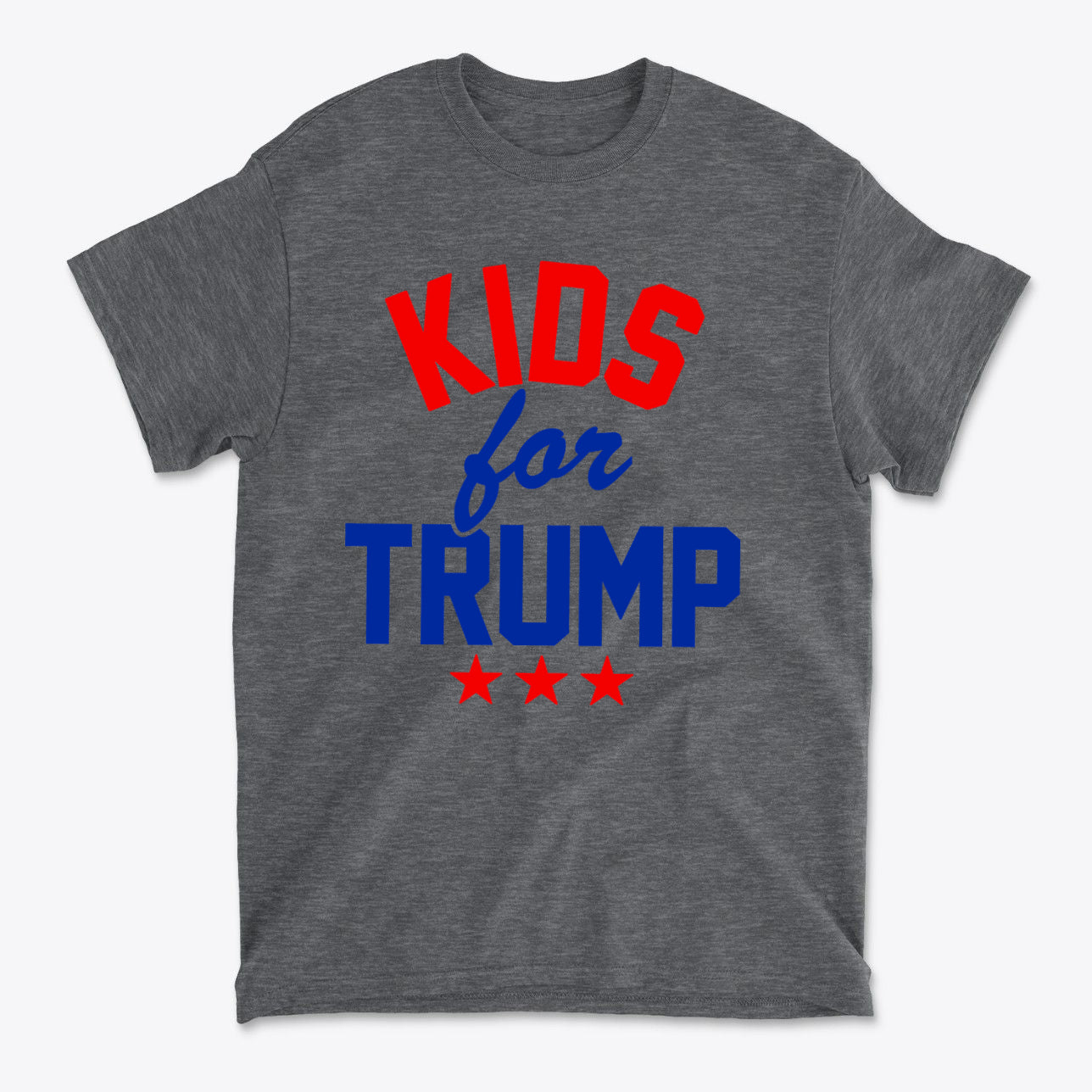 Kids for Trump USA Pride Shirt featuring bold red and blue text on a gray t-shirt for young patriots.
