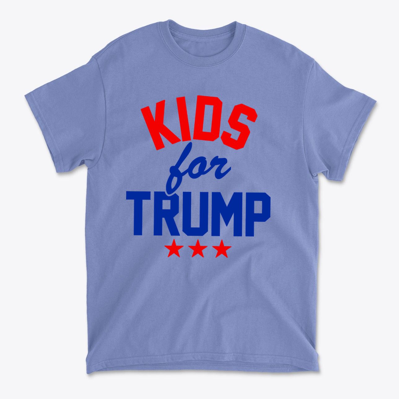 Kids for Trump USA Pride Shirt featuring bold red and blue lettering on a light blue background.